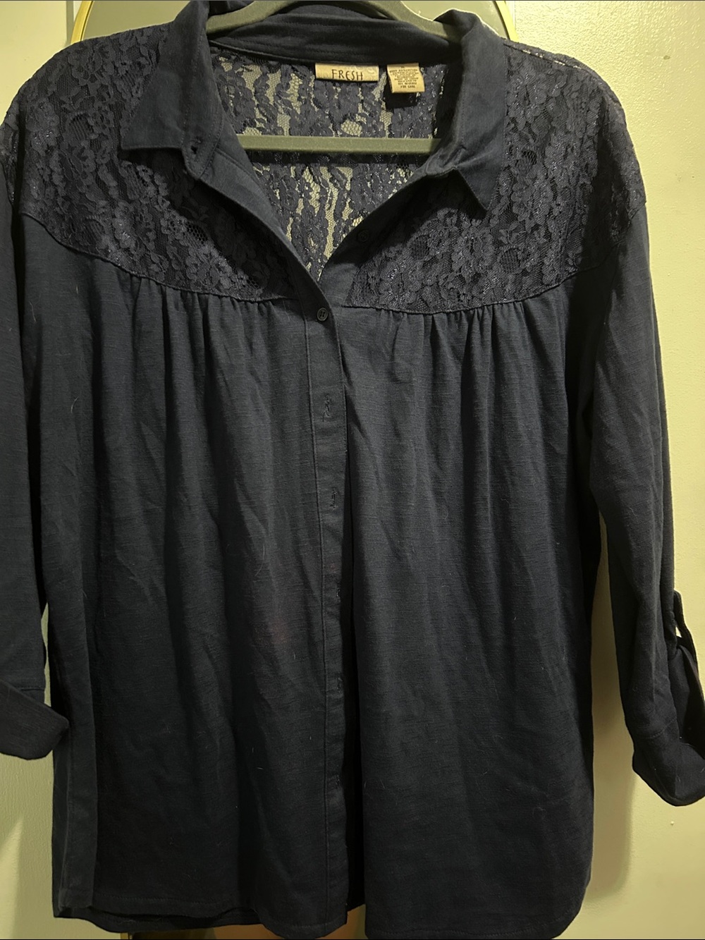 fresh Navy Lace Yoke Button-Front Blouse